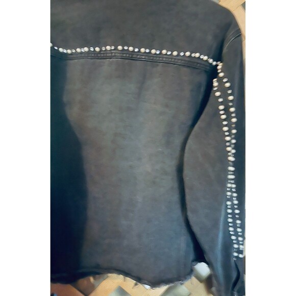 SAVANNAH JANE Pearls & Rhinestones Black Distressed Denim Boho Jacket 1X - Picture 9 of 12